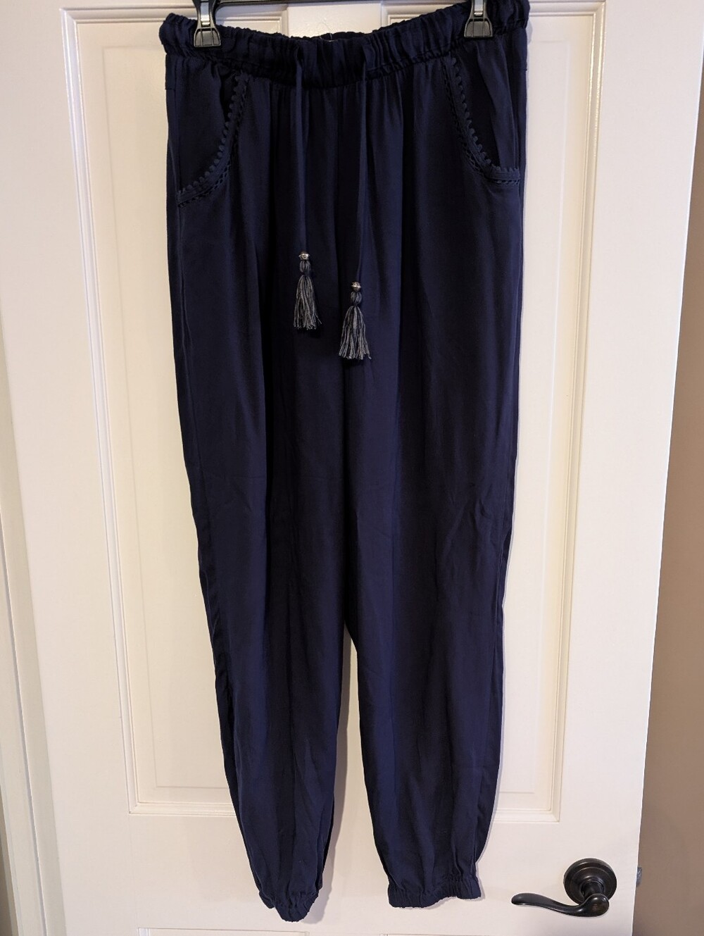 Women's Navy Elastic Waist Tassel Jogger Pants
